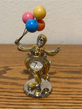 Elgin Gold & Silver Clown Figurine Clock with Colorful Balloons